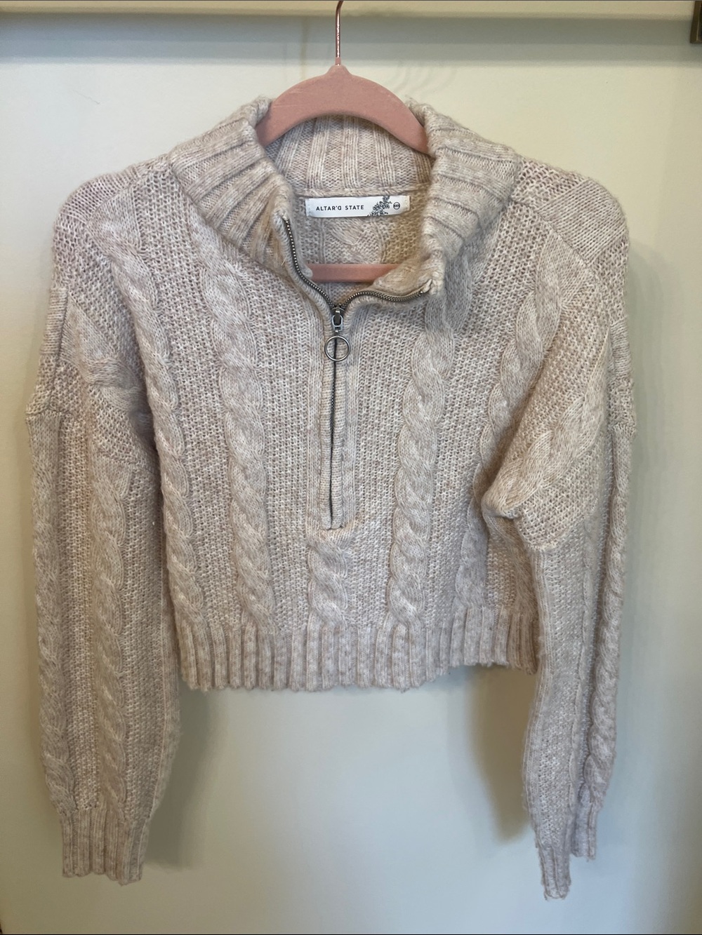 Altar'd State Cream Cable Half-Zip Turtleneck Sweater